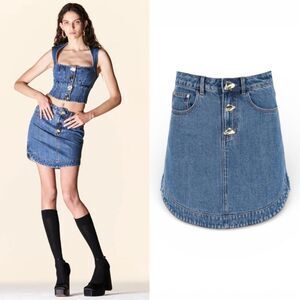 Self Portrait Denim Mini Skirt Mid Blue Wash Gold Buttons Size 0